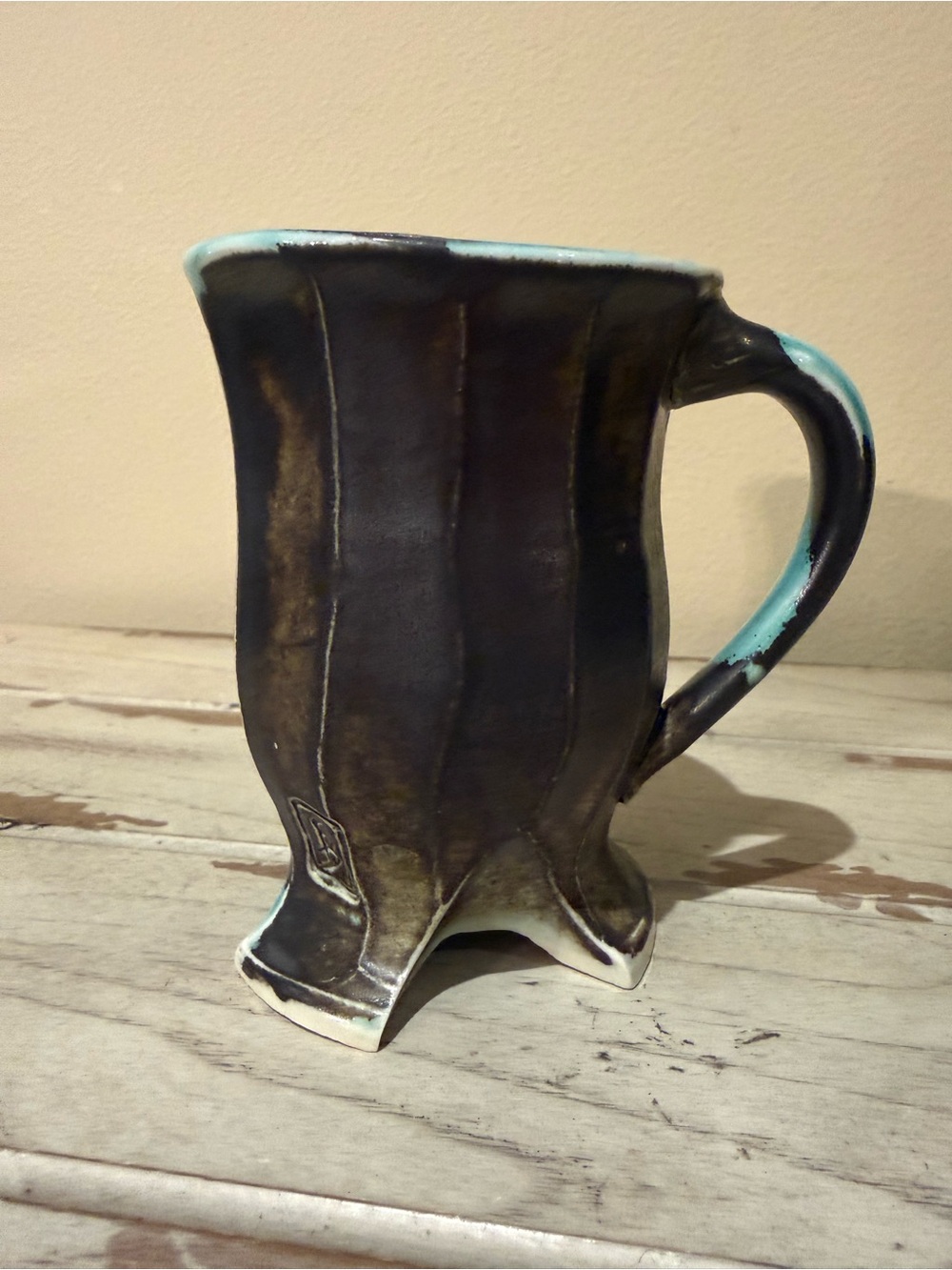 Vintage Studio Pottery Footed Mug - Fluted Tripod Ceramic Cup, Turquoise & Brown